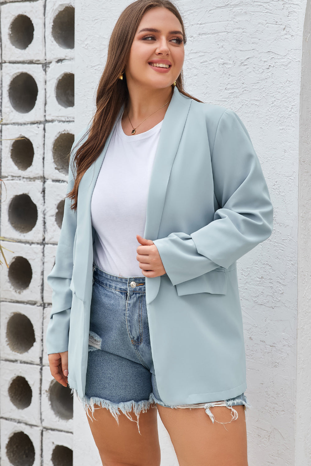 Blazer de solapa con bolsillos, suave y ligero, de talla grande, de color azul cielo