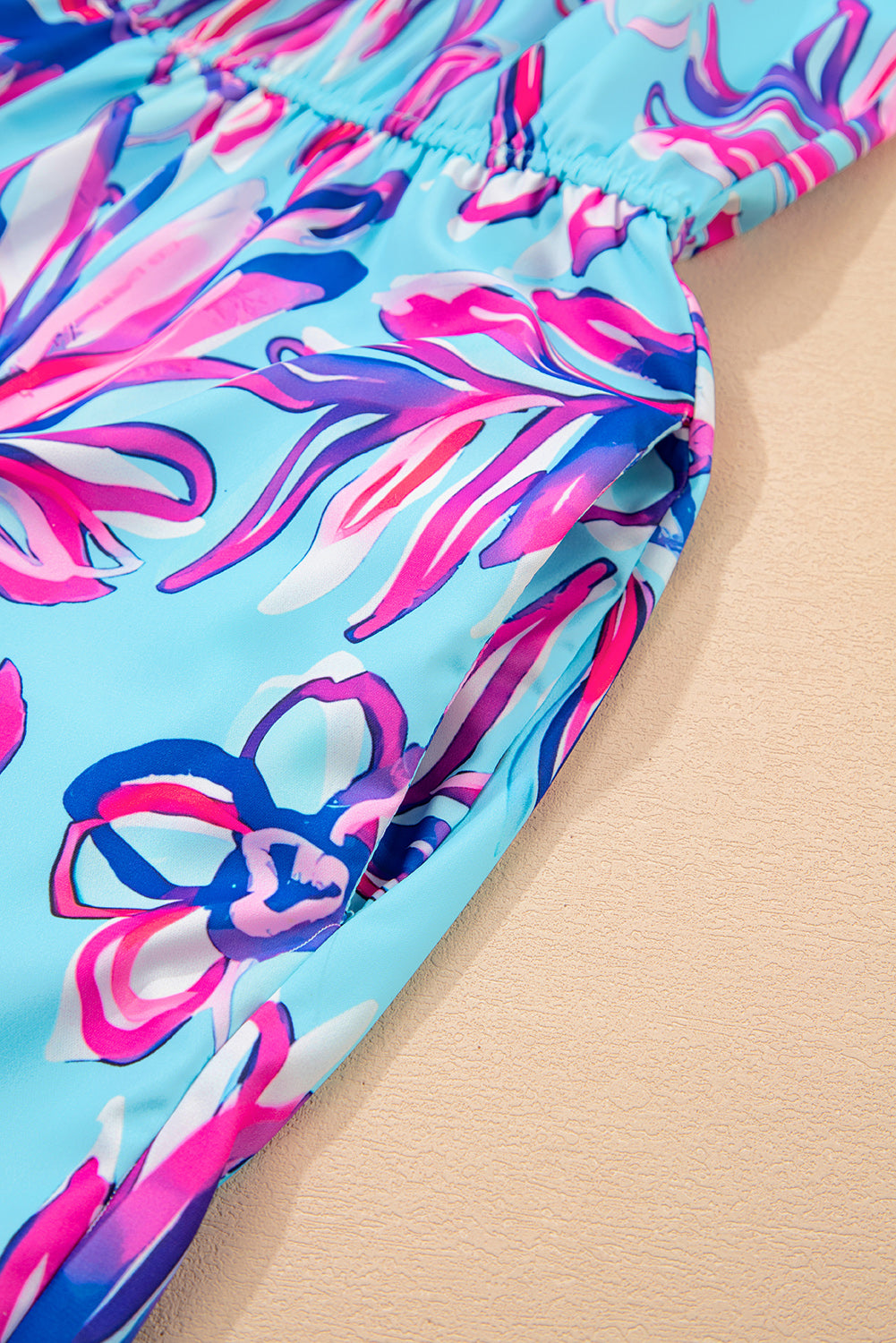 Purple Floral Print Pocketed Frill Sleeveless Romper