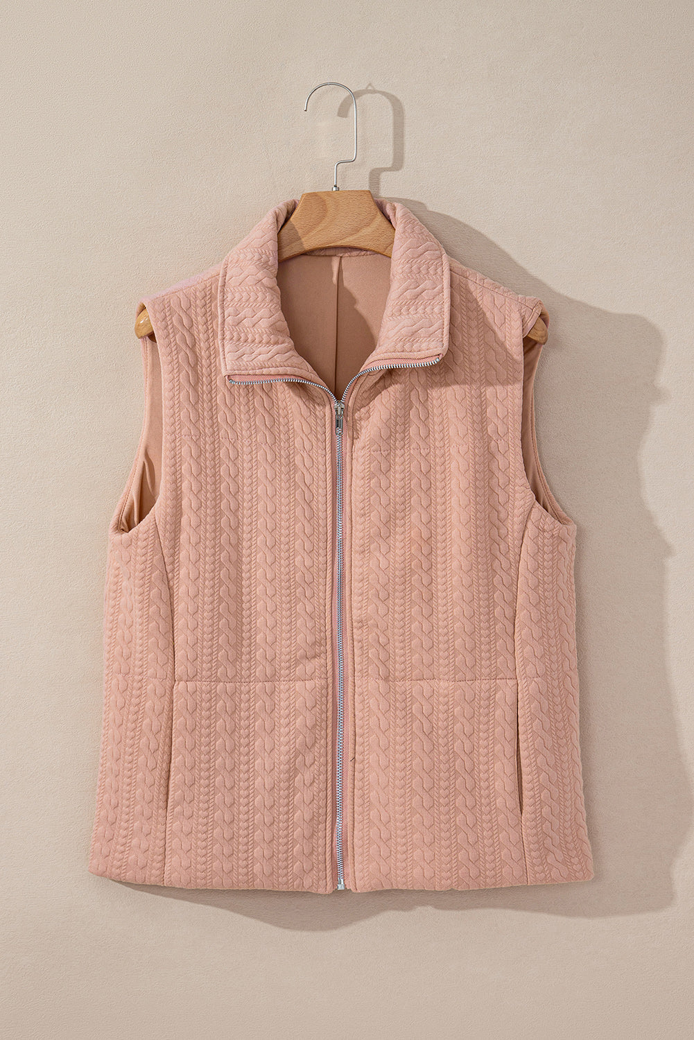 Pale Chestnut Cable Textured Zip Up Vest Jacket