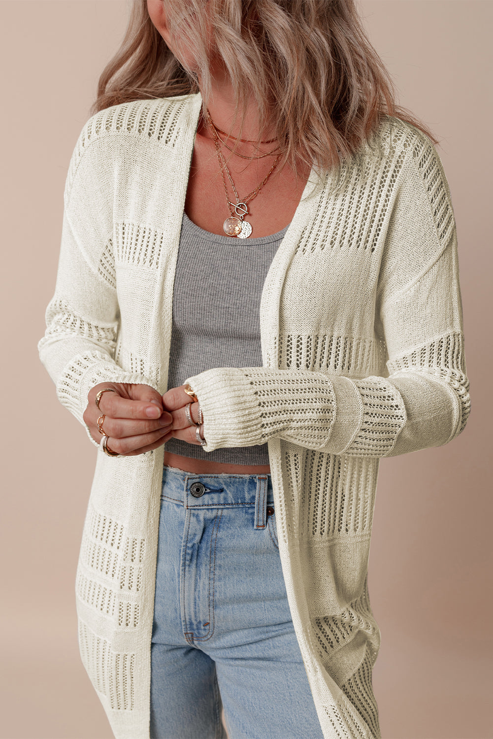 White Solid Color Lightweight Open Knit Tunic Cardigan