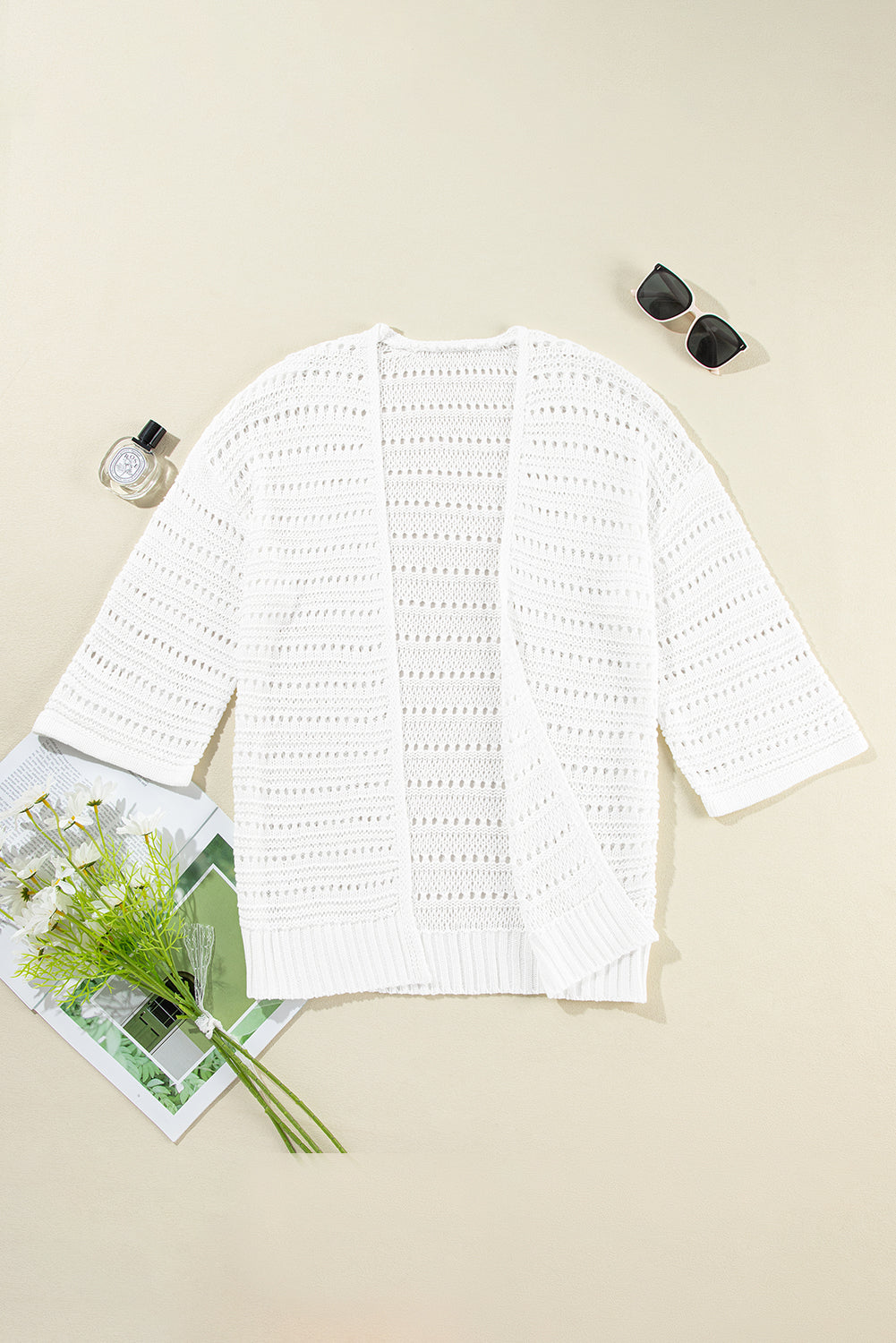 White Pointelle Knit Bracelet Sleeve Open Cardigan