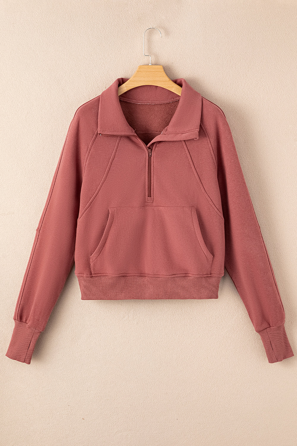 Brown Fleece Lined Zip Up Stand Collar Thumbhole Sleeve Sweatshirt