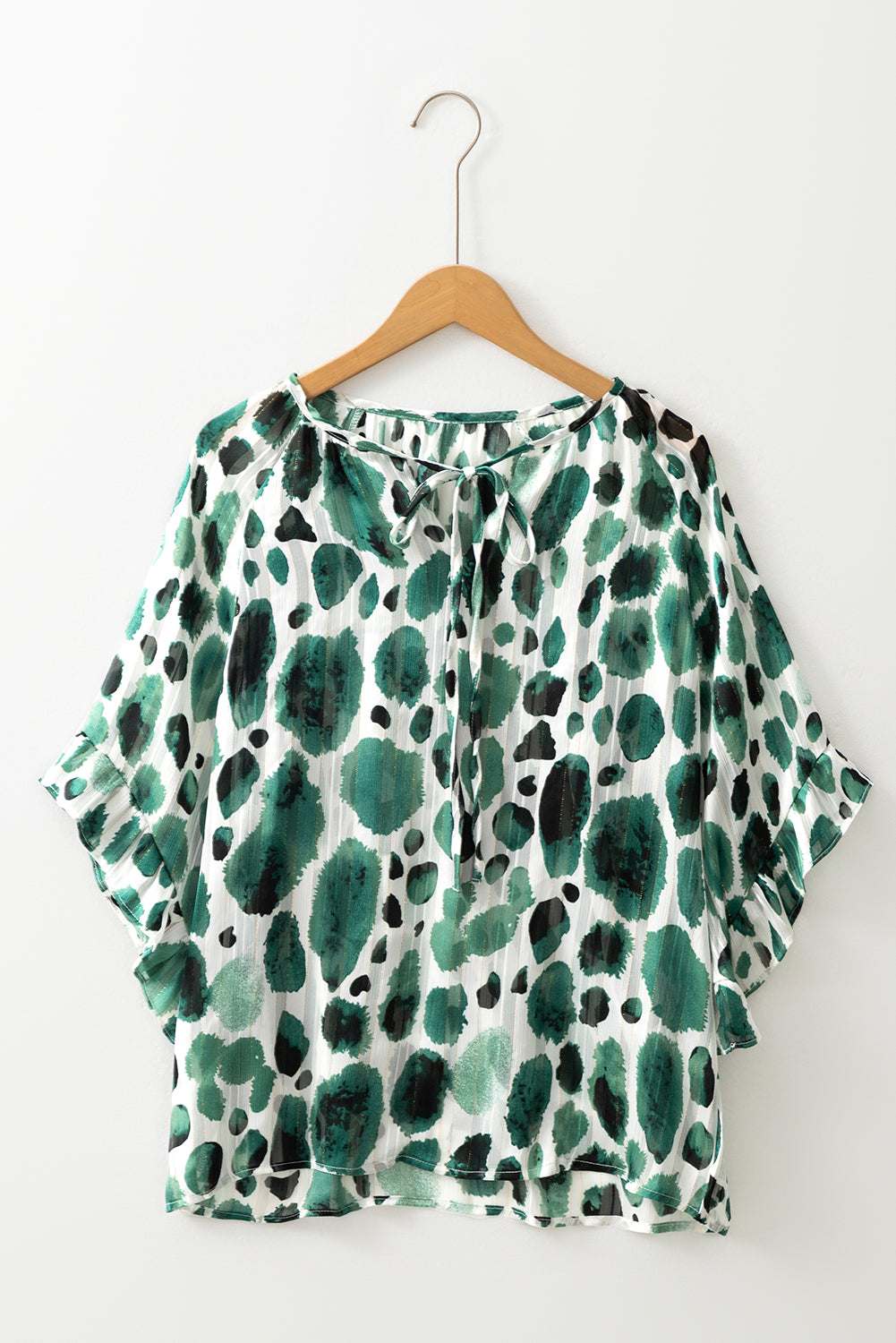 Green Metallic Threading Accents Pleated Abstract Printed Ruffled 3/4 Sleeve Blouse