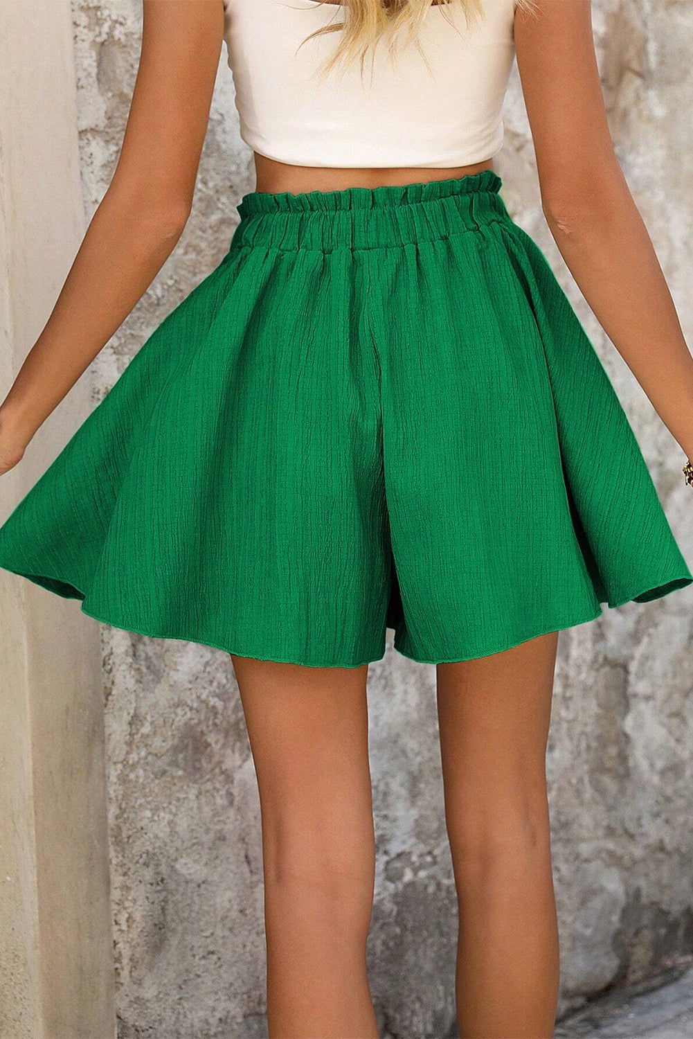 Dark Green Textured Frilled Lace-up High Waist Ruffle Wide Leg Shorts