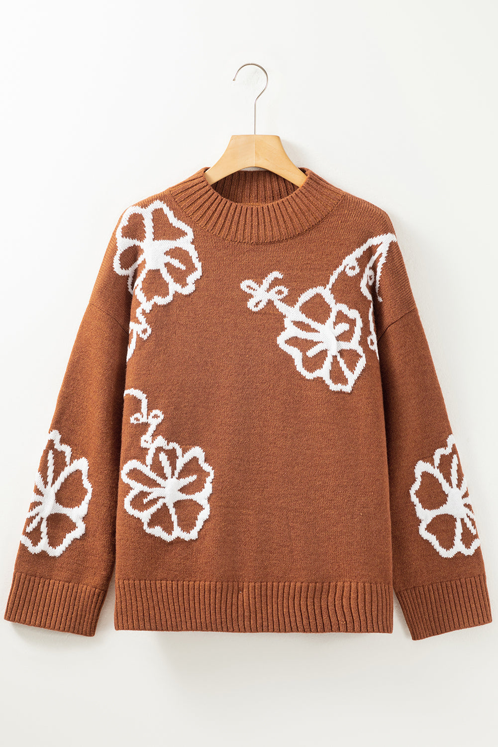 Chestnut Floral Print Ribbed Trim Knitted Sweater