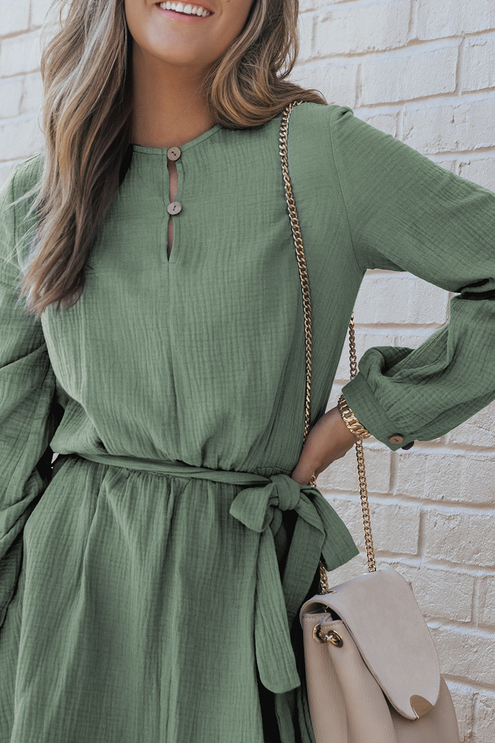 Jungle Green Button Neck Puff Sleeve Belted Pleated Mini Dress