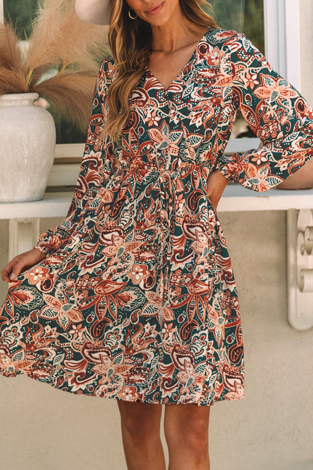 Brown Geometric Print Long Sleeve Surplice Flowy Dress