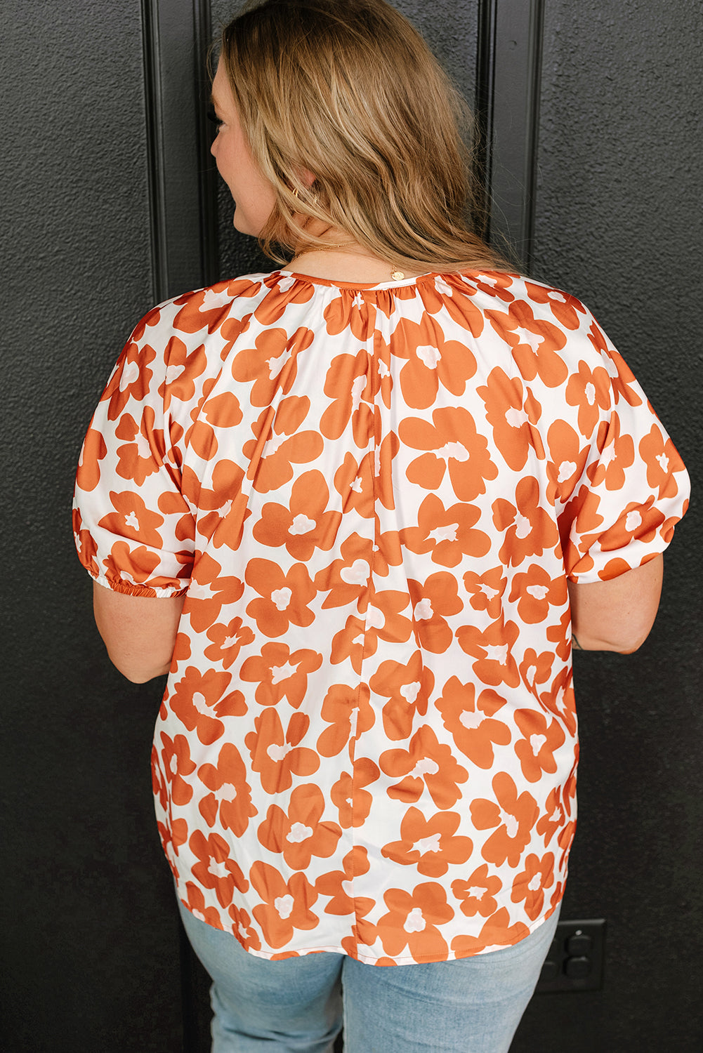 Orange Plus Size Floral Print Drawstring V Neck Short Sleeve Blouse