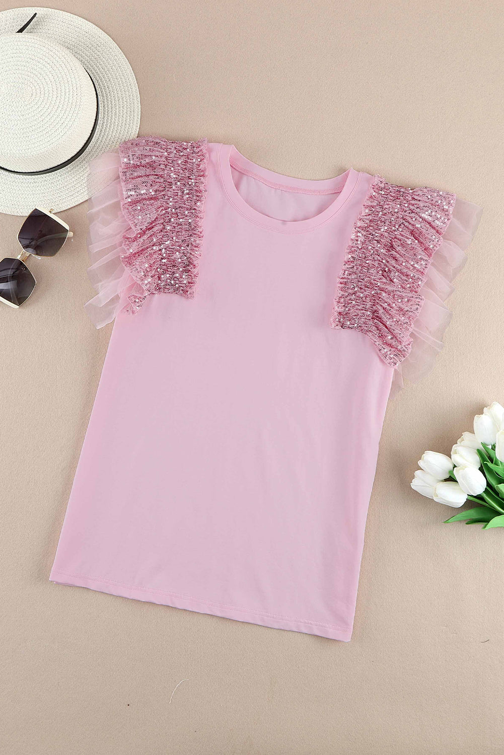 Pink Sequined Ruffle Mesh Sleeves Top