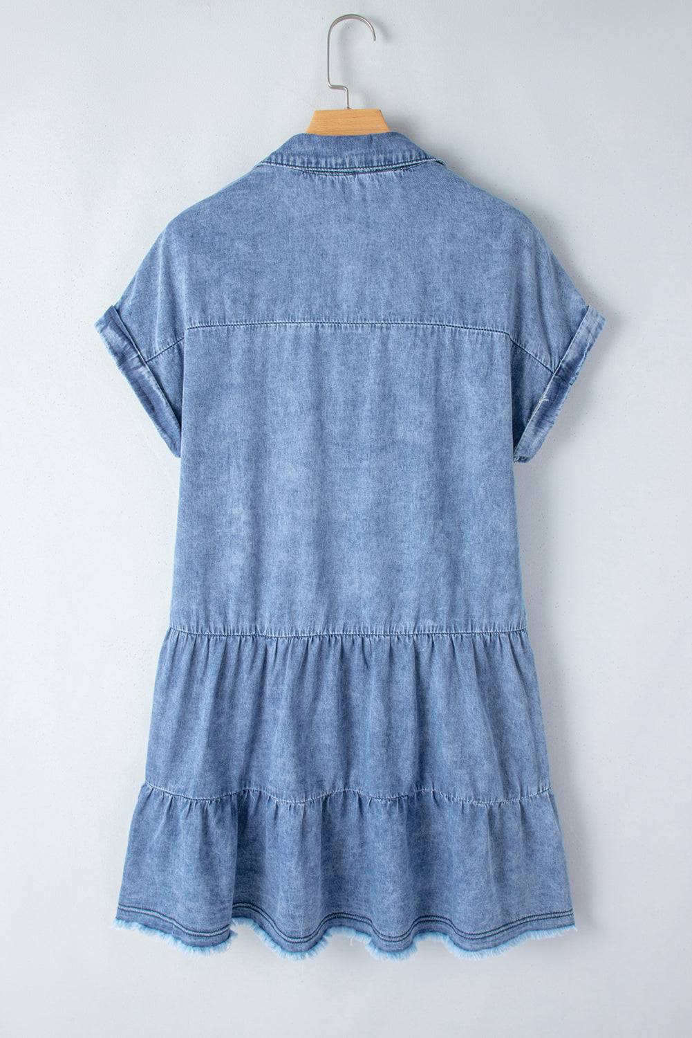 Sky Blue Acid Wash V Neck Tiered Denim Dress