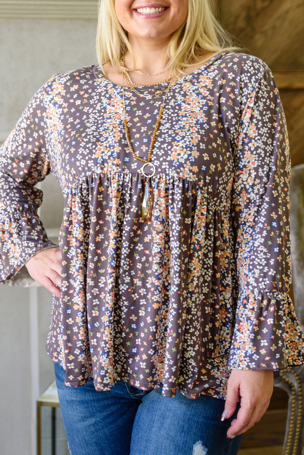 Purple Floral Print Round Neck Plus Size Babydoll Blouse