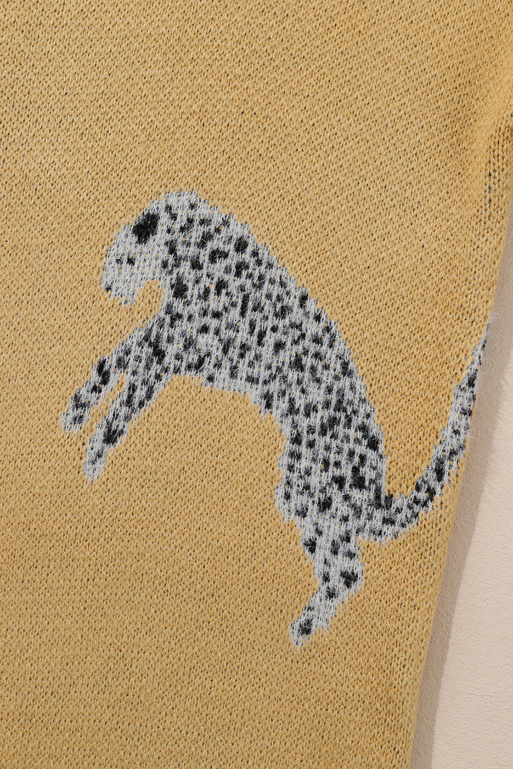 Camel Fuzzy Cheetah Accent Round Neck Sweater