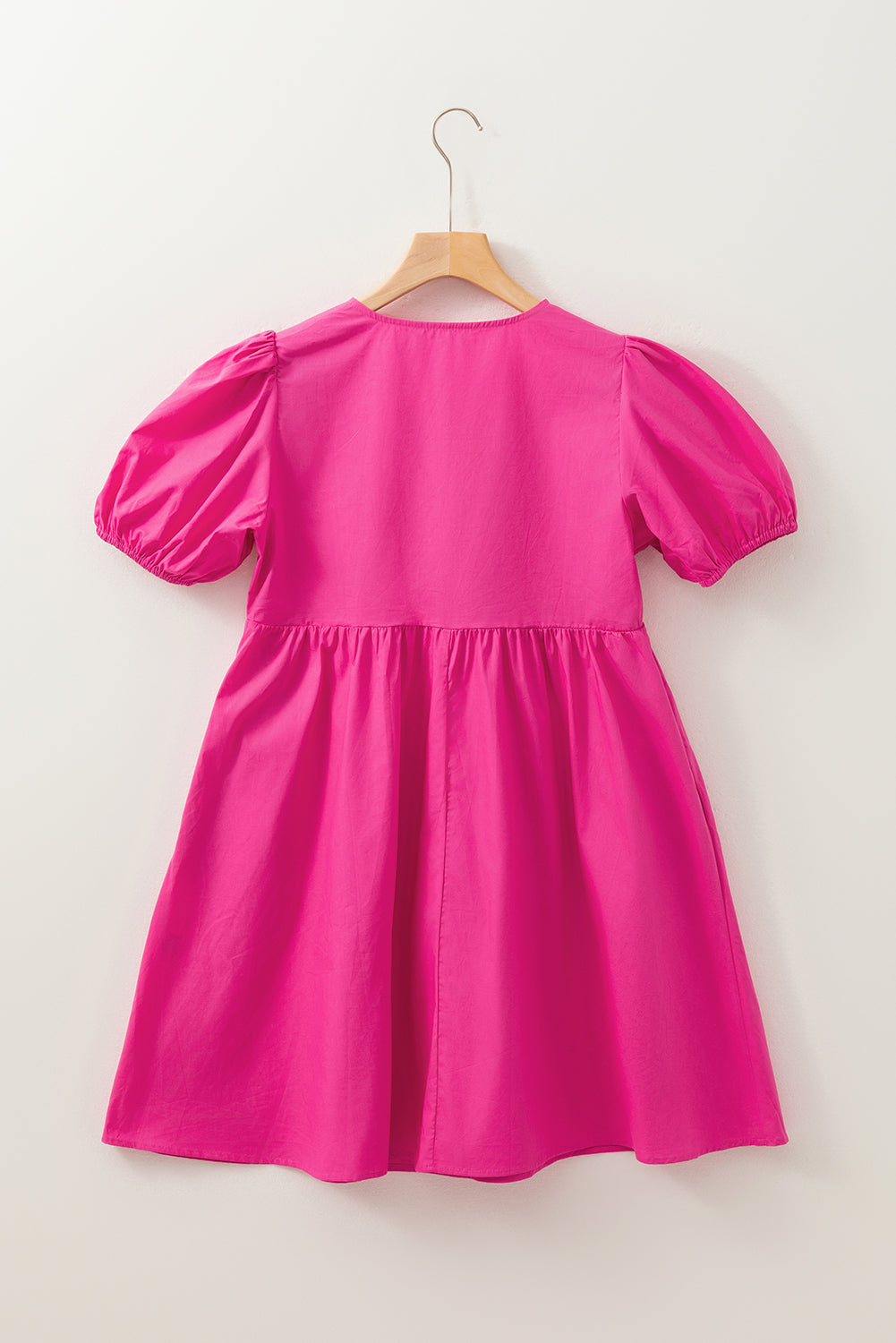 Bright Pink Solid Color Puff Sleeve Tie Front High Waist Mini Dress