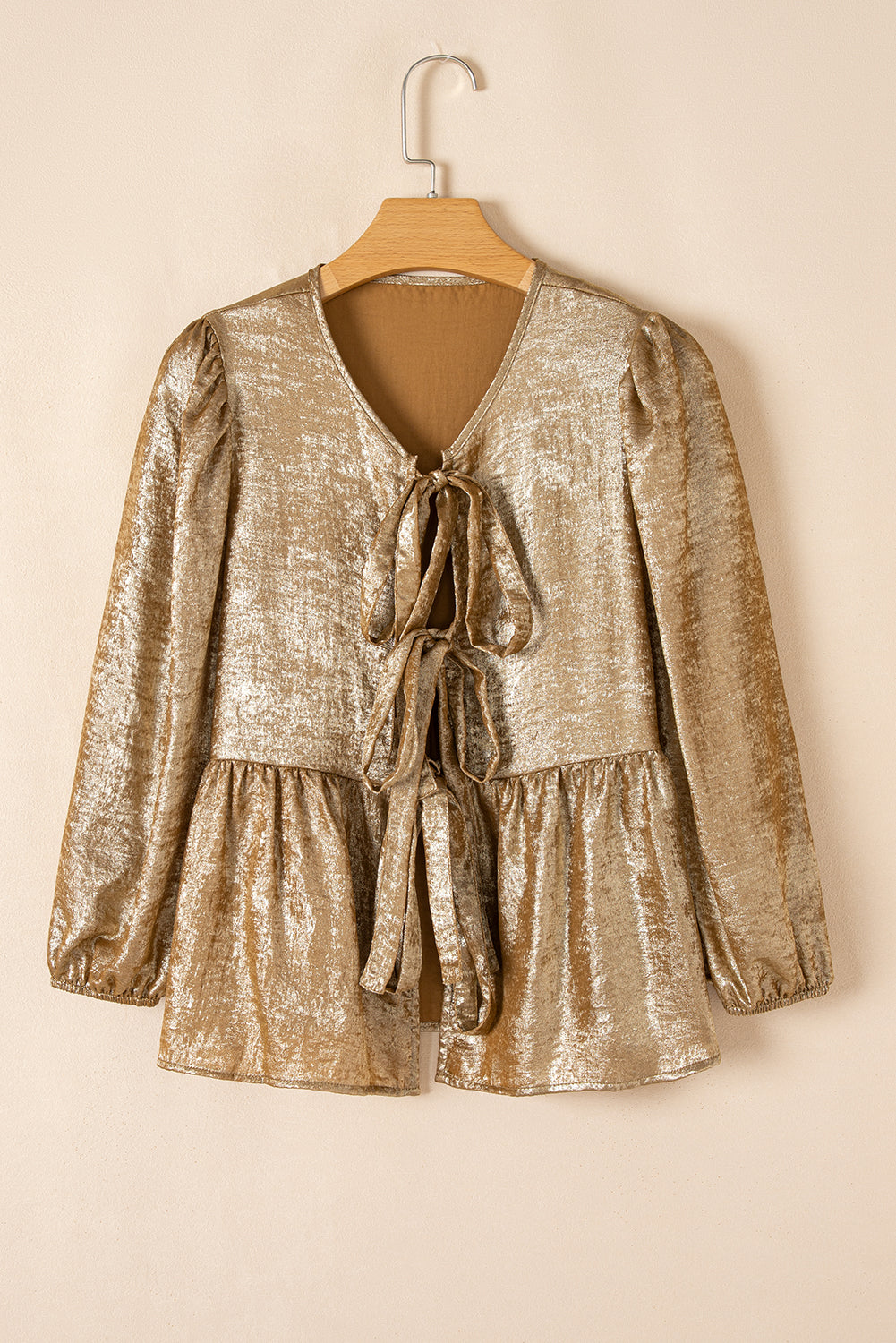 Gold Bow Tie Front Puff 3/4 Sleeve Ruffle Hem Blouse