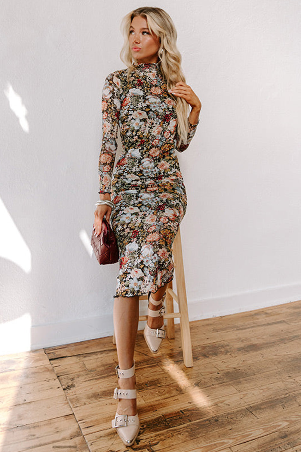 Brown Floral Allover Print Mock Neck Bodycon Long Sleeve Midi Dress