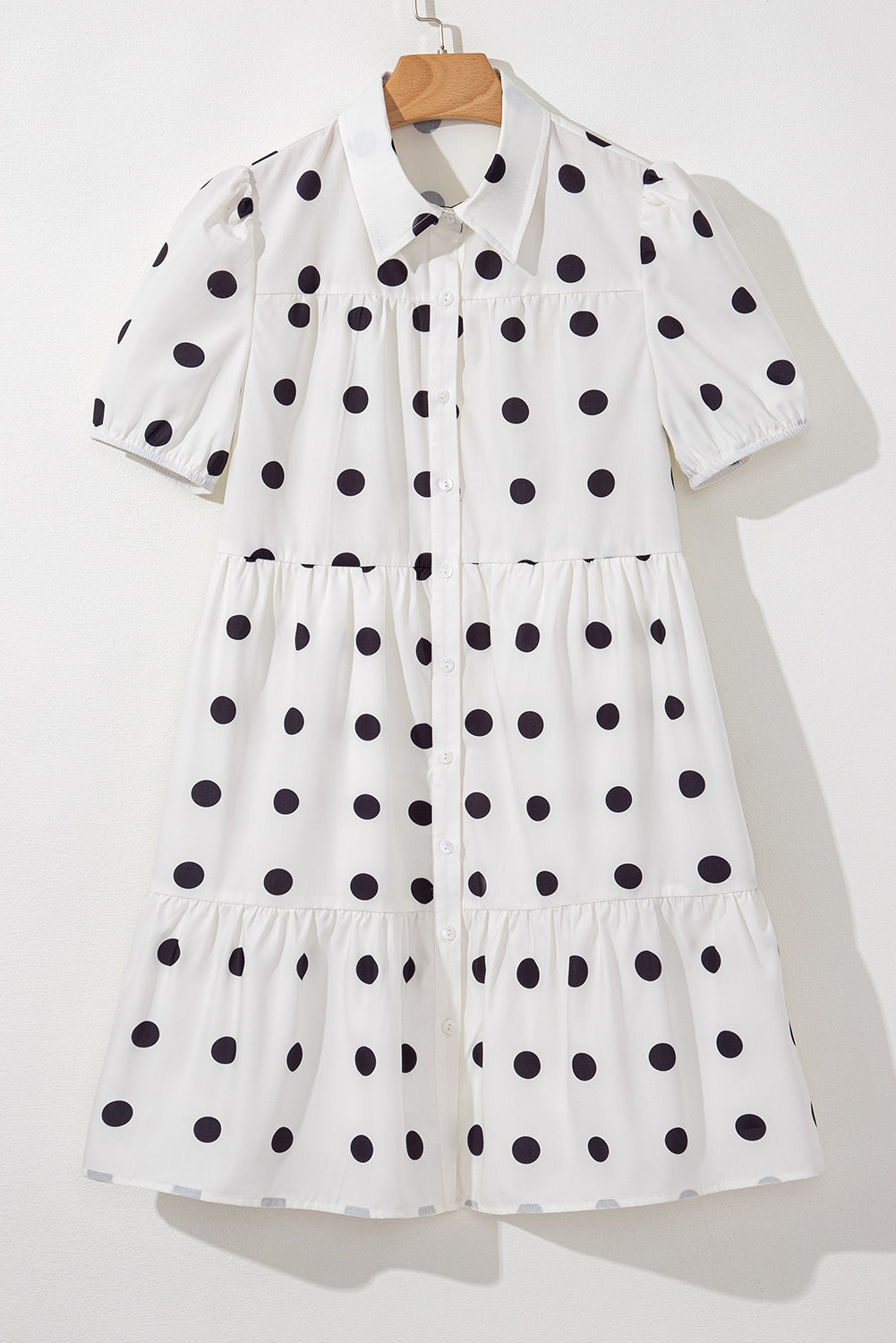 White Polka Dot Print Short Sleeve Collar Buttoned Tiered Babydoll Dress