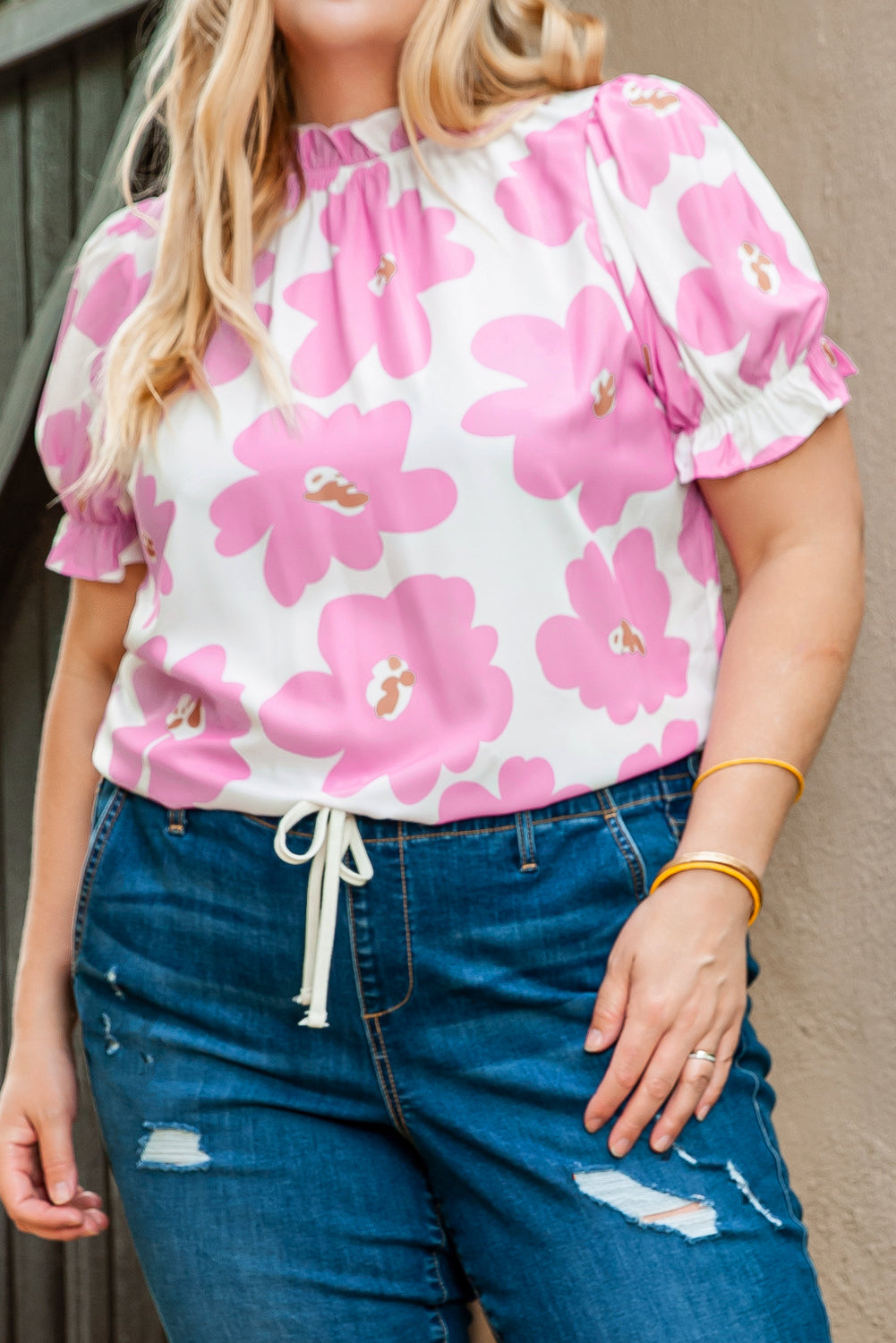 Purple Floral Ruffled Mock Neck Puff Sleeve Plus Size Blouse