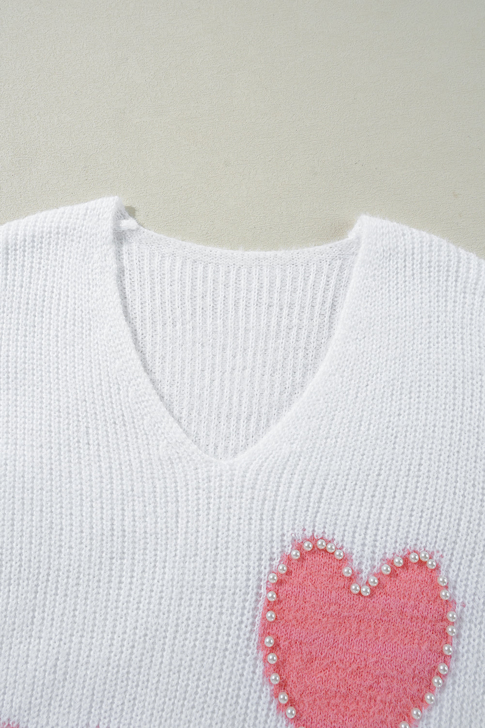 White Pearl Beaded Heart Pattern Fuzzy V Neck Sweater