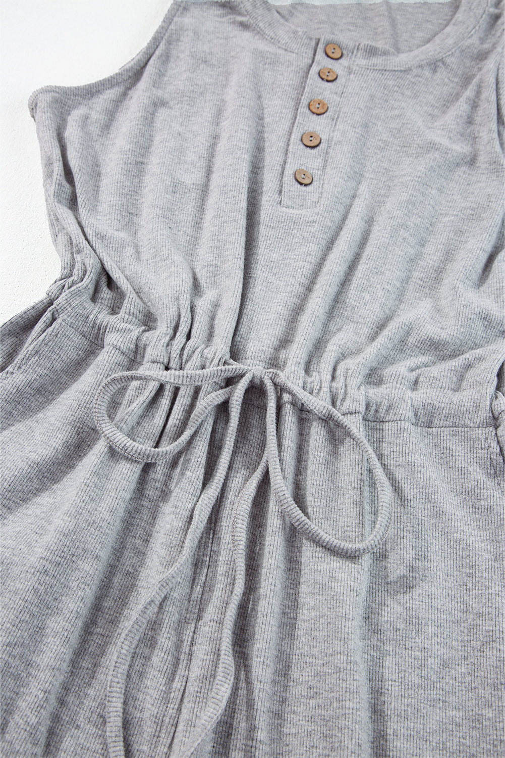 Gray Ribbed Knit Buttons Drawstring Sleeveless Jumpsuit