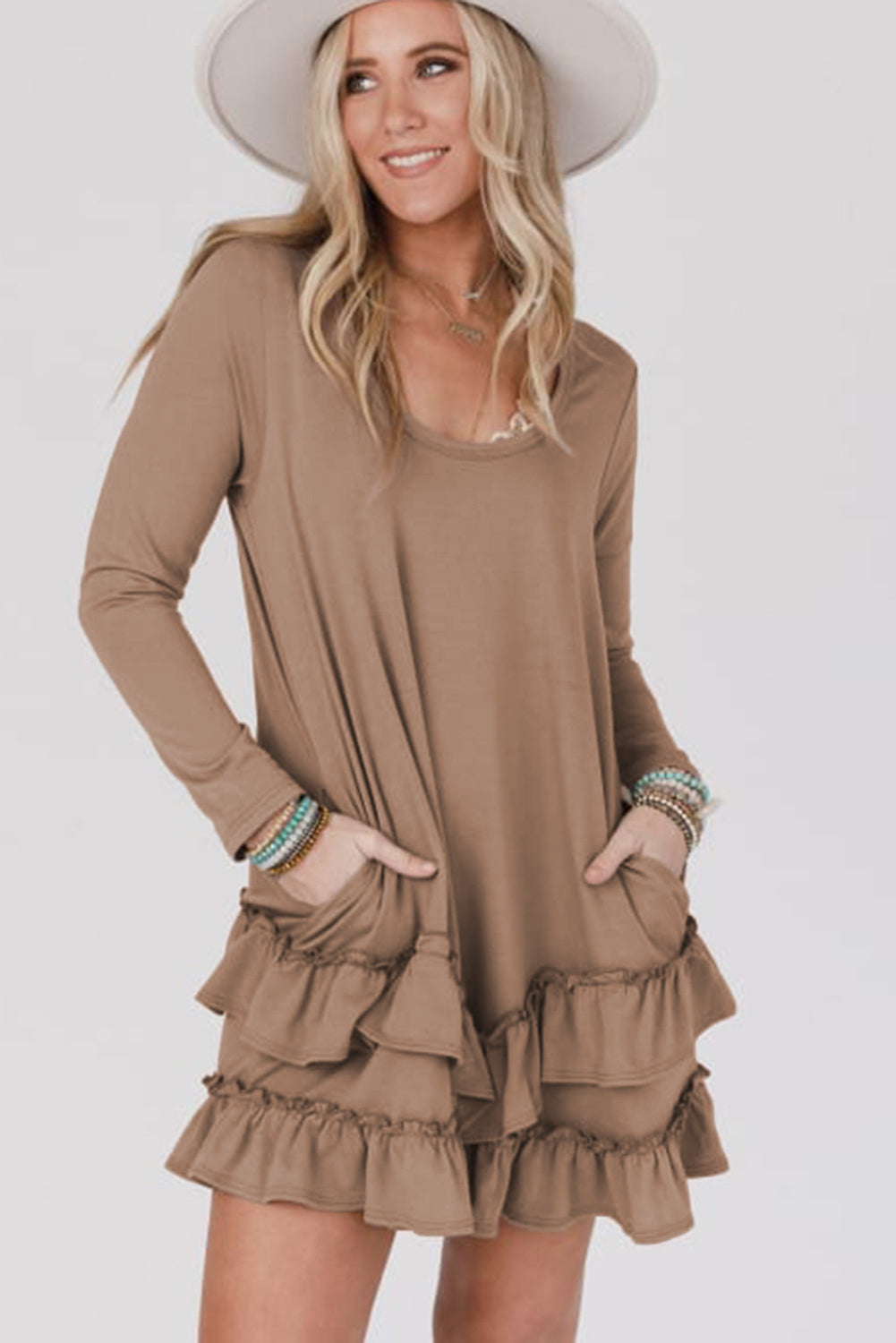 Goat Scoop Neck Tiered Ruffled Hem Long Sleeve Mini Dress