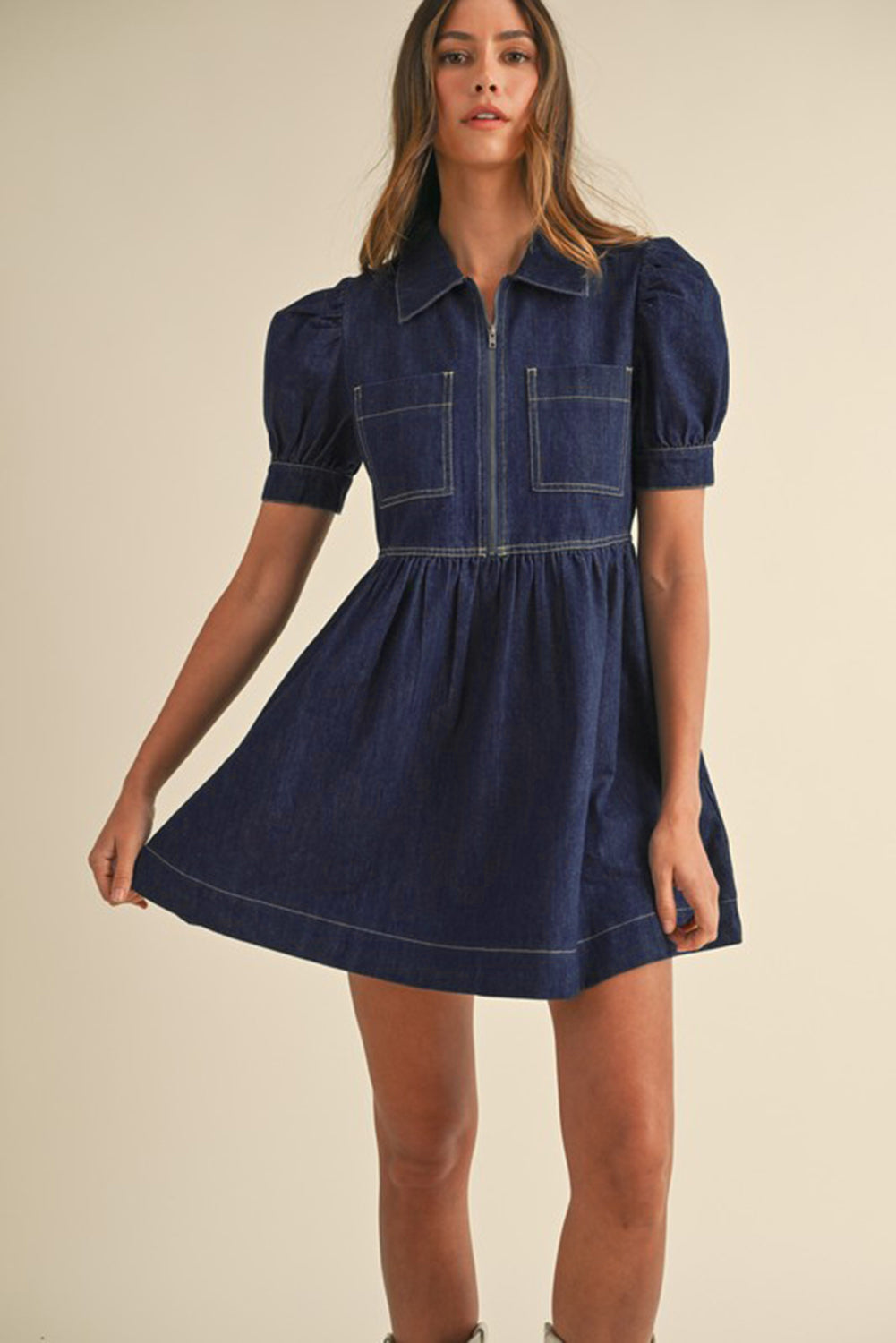 Dirty blue Zipped up Bodice Collared Short Puff Sleeve Denim Dress