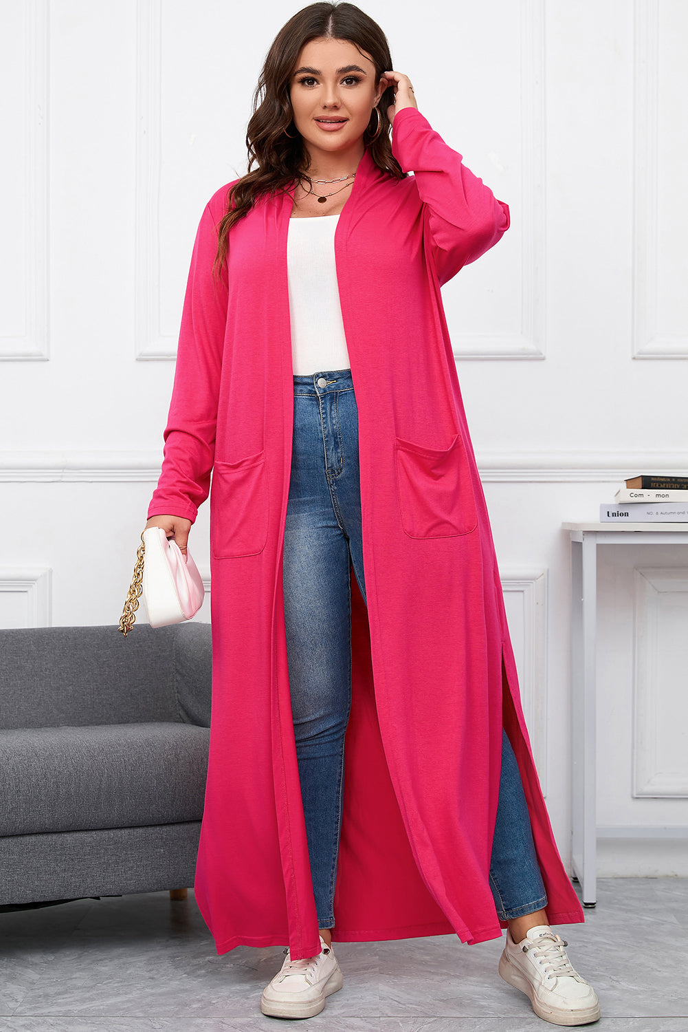 Strawberry Pink Plus Size Side Split Pockets Duster Cardigan