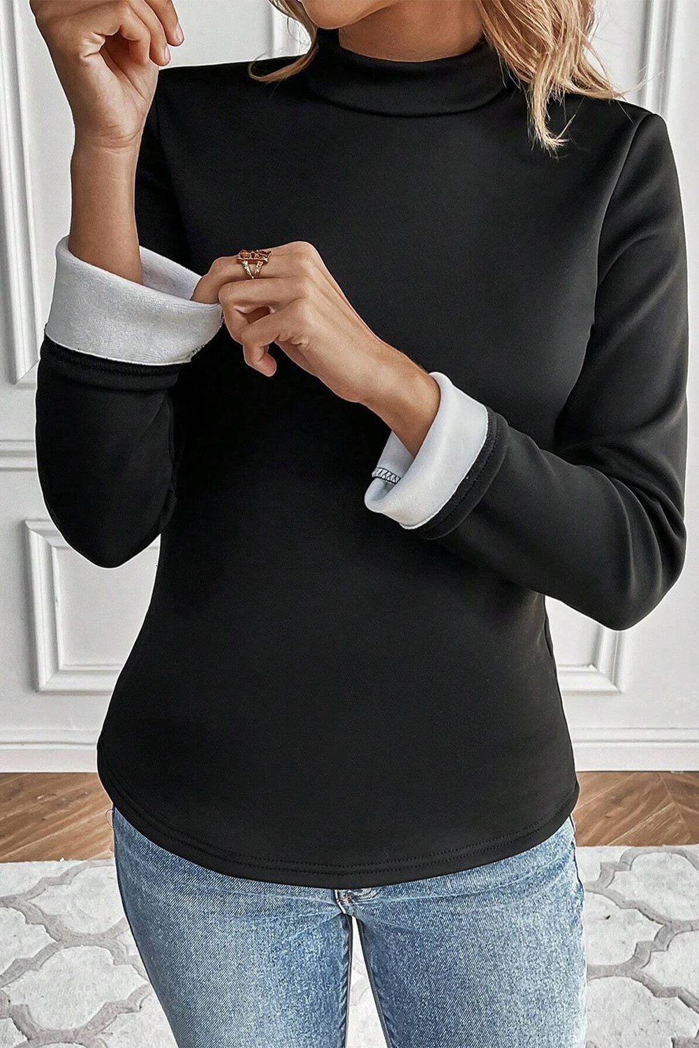 Black Mock Neck Thermal Lined Long Sleeve Tee