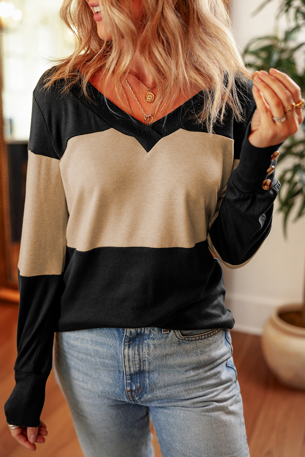 Parchment Colorblock Button Decor Long Sleeve V Neck Top