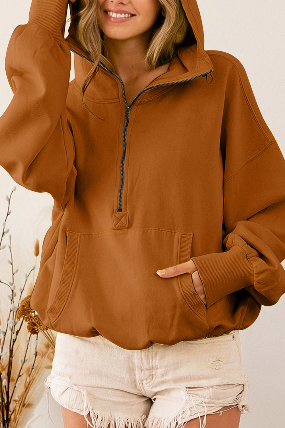 Brown Ribbed Trim Kangaroo Pocket Zipped Hoodie