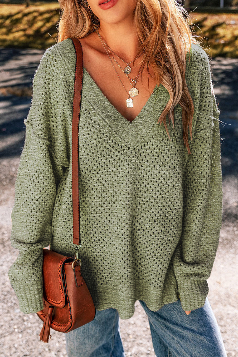 Jungle Green Loose Eyelet V Neck Drop Shoulder Sweater