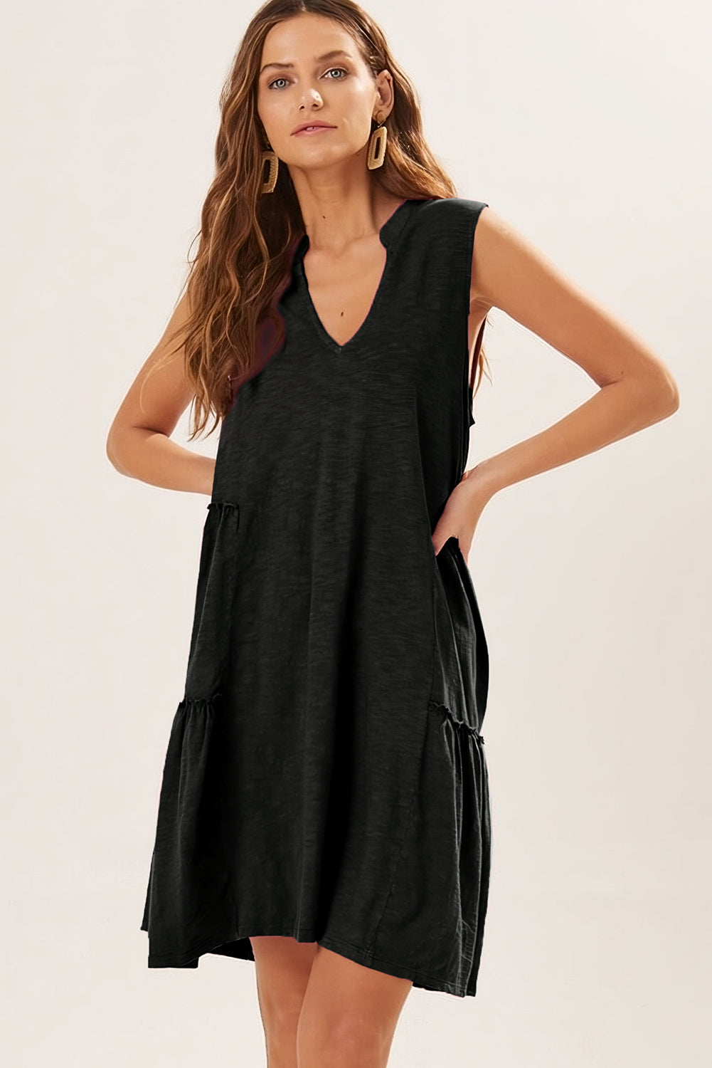 Black Split V Neck Tiered Flowy Sleeveless Dress