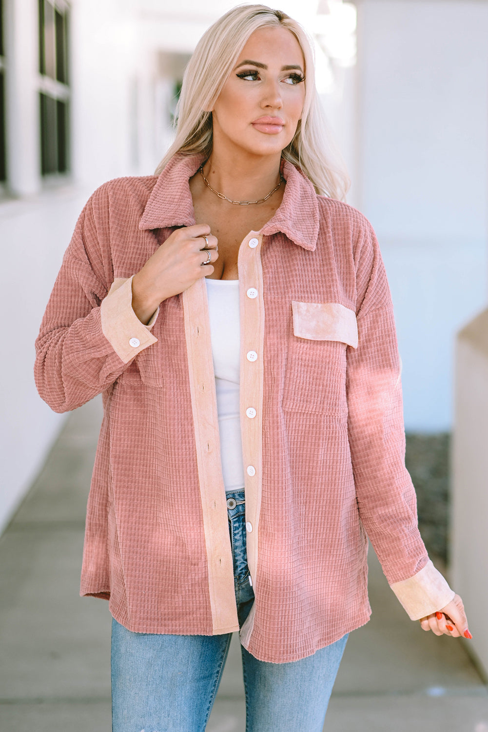 Peach Blossom Flap Pockets Drop Shoulder Textured Shacket