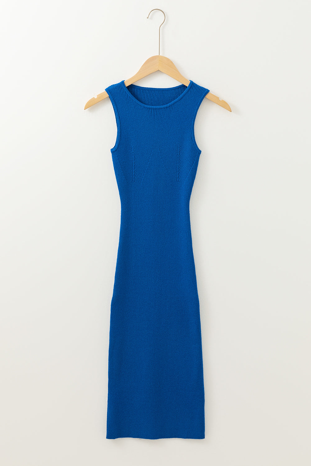 Dark Blue Solid Ribbed Knit Sheath Sleeveless Midi Sweater Dress