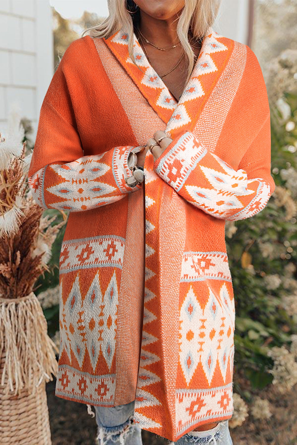 Orange Printed Aztec Print Open Front Knitted Cardigan