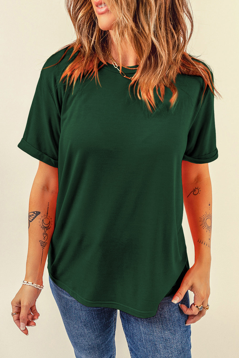 Bright Green Casual Plain Crew Neck Tee