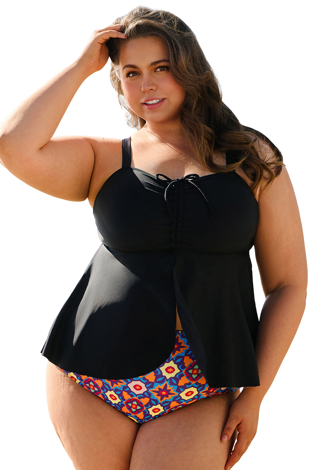 Black Drawstring Tied Front Flared Top Geometric Print Bottom Plus Size Tankinis