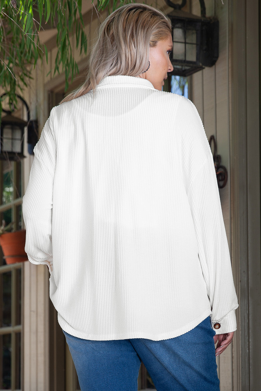 White Solid Corded Drop Shoulder Plus Size Shacket