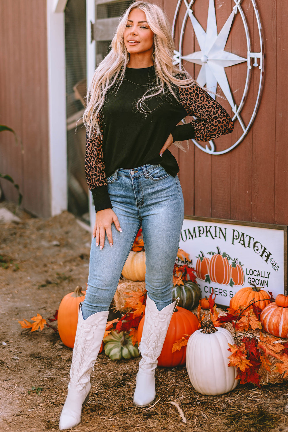 Black Leopard Print Long Sleeve Ribbed Knit Blouse