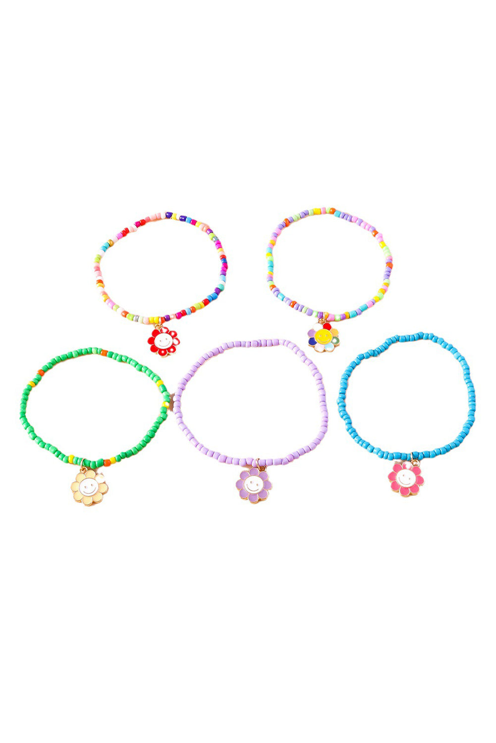 Light Blue 5pcs Smiley Flower Pendant Beaded Bracelet Set