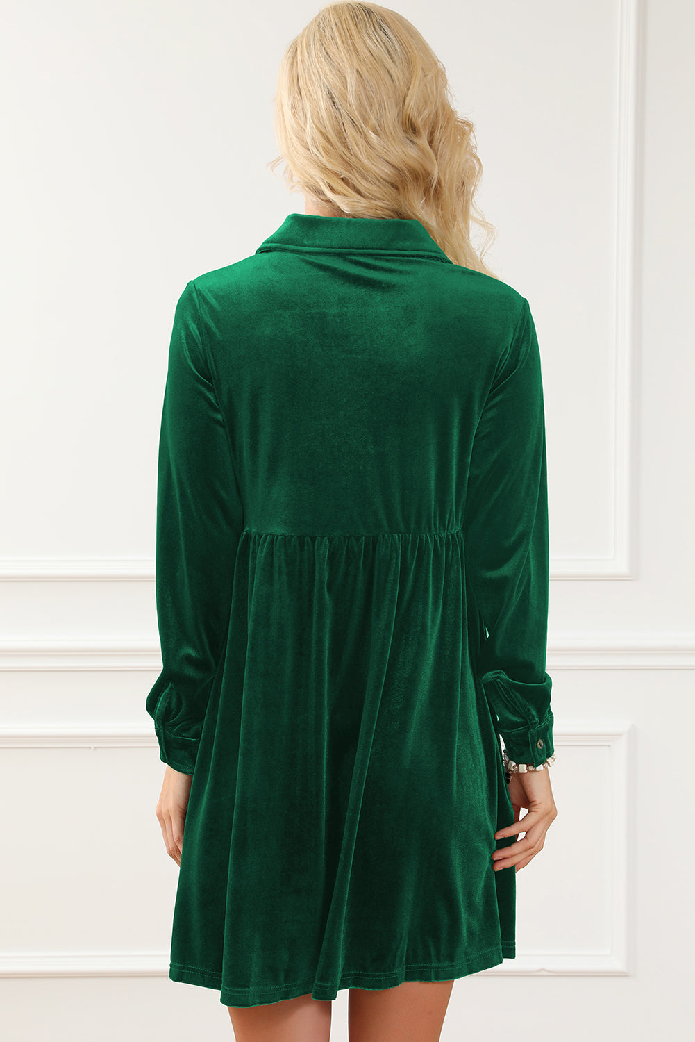 Green Long Sleeve Ruffle Velvet Button Up Dress