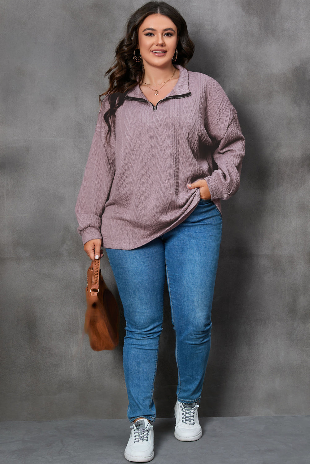 Plus Size Textured Knit Zip Neck Pullover