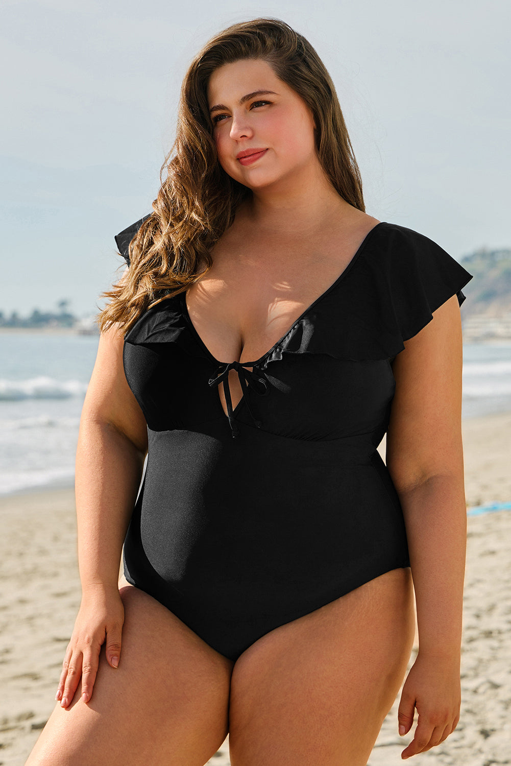 Black Ruffled Sleeve Lace-up V Neck Plus Size One Piece Swimsuit