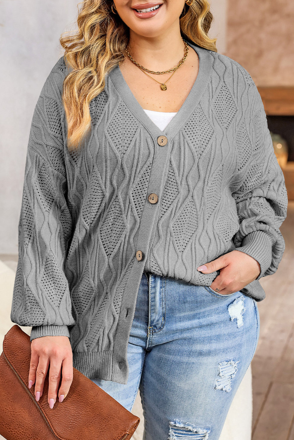 Gray Plus Size Knitted Hollow out Button up Cardigan