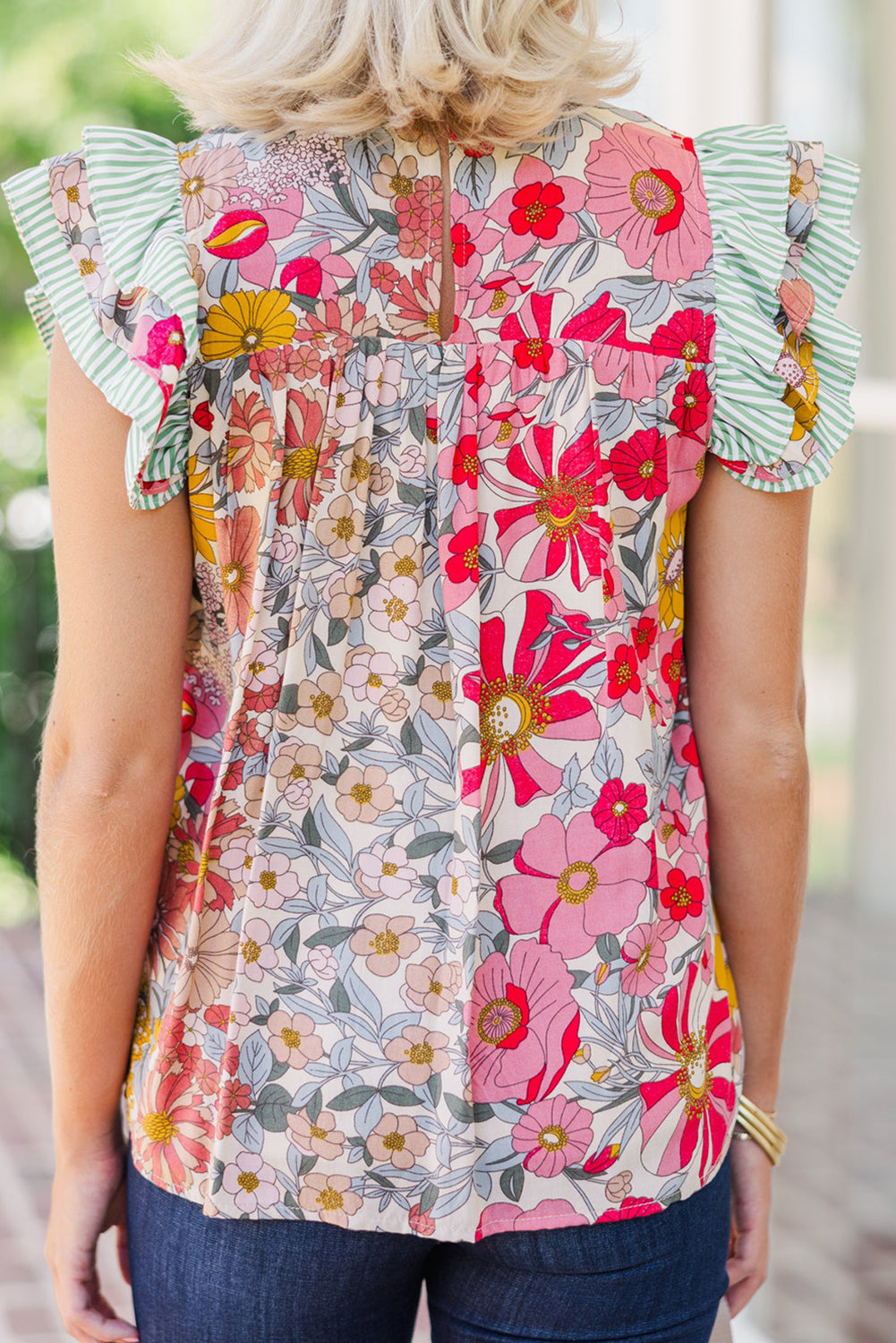 Pink Floral Print Contrast Ruffle Trim Short Sleeve Blouse