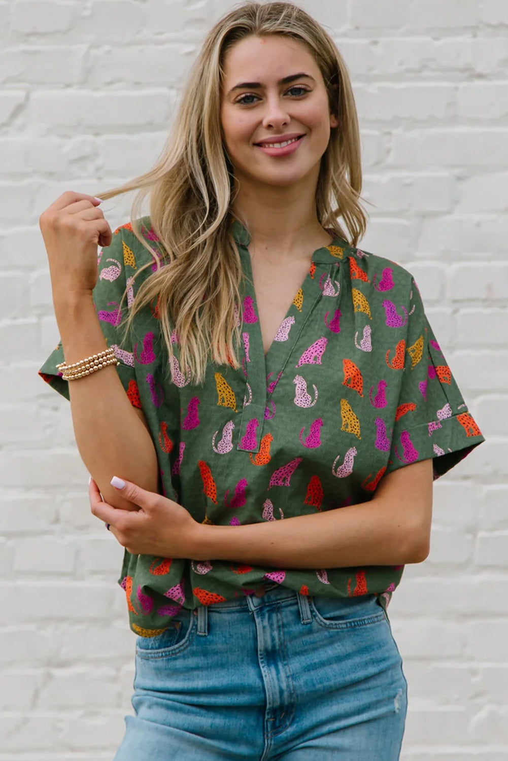 Blackish Green Cheetah Print Split V Neck Blouse