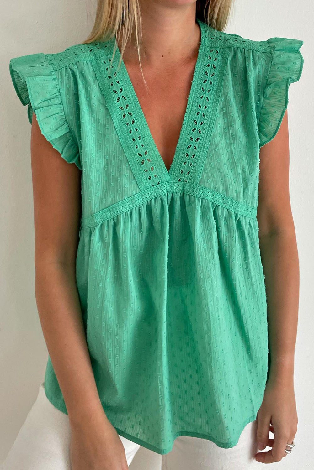 Green Eyelet V Neckline Ruffle Swiss Dot Top