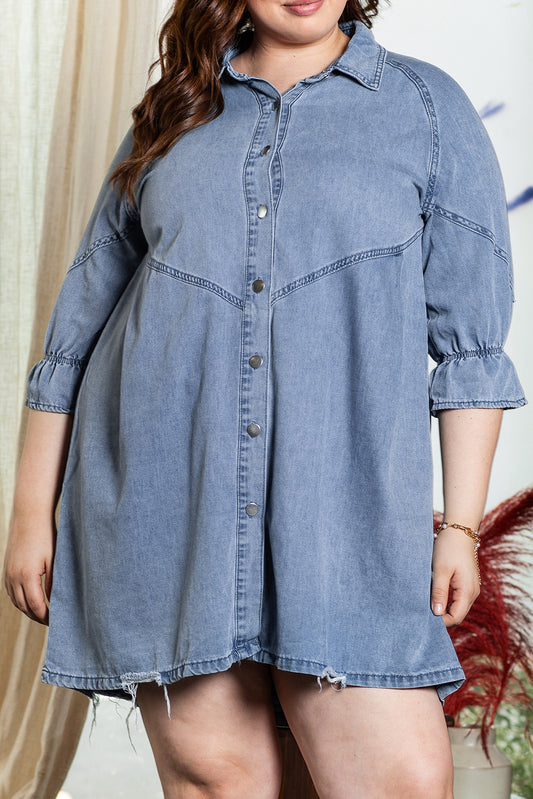 Light Blue Ruffled 3/4 Sleeve Buttoned Front Plus Size Denim Dress