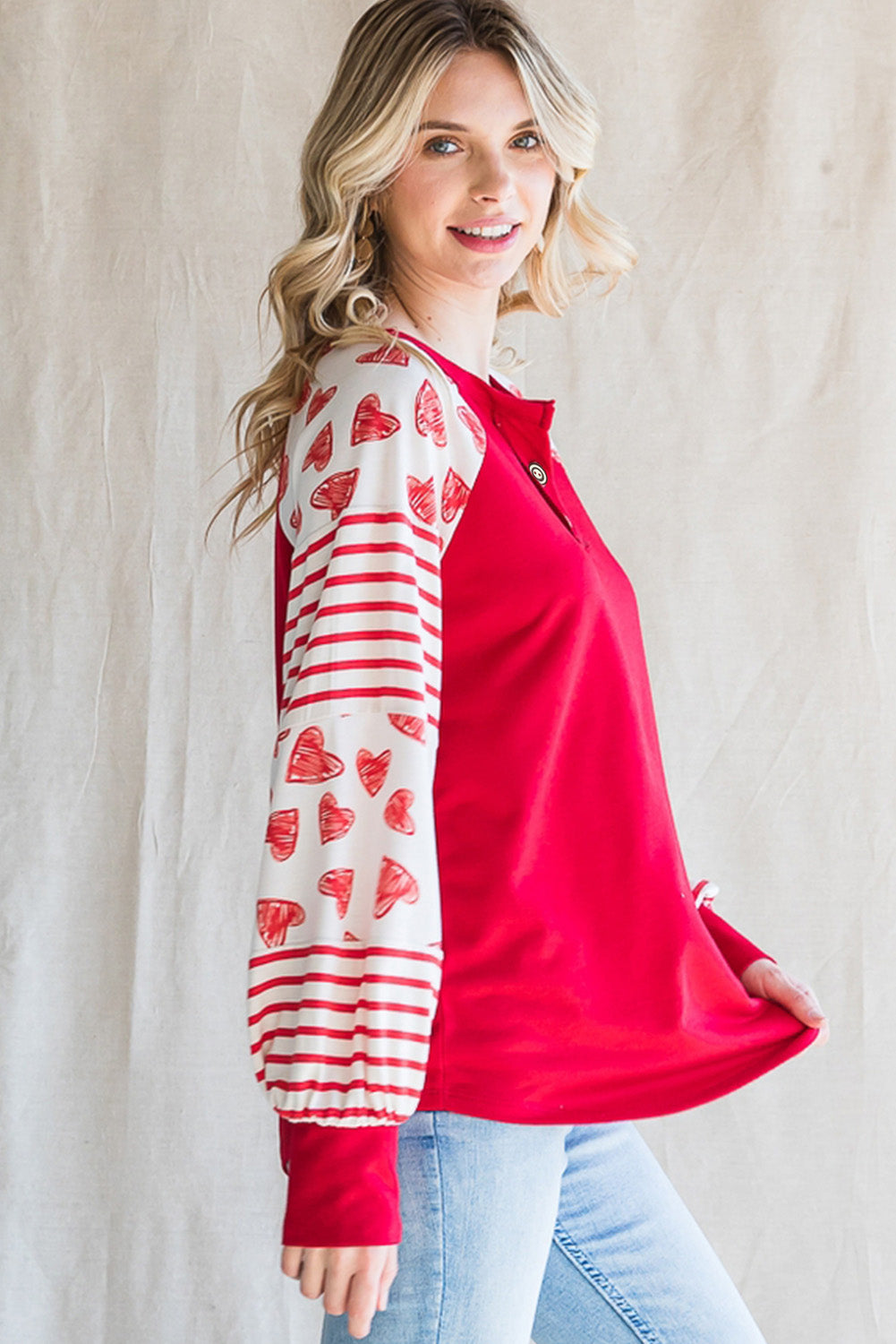 Fiery Red Heart Striped Raglan Sleeve Henley Top