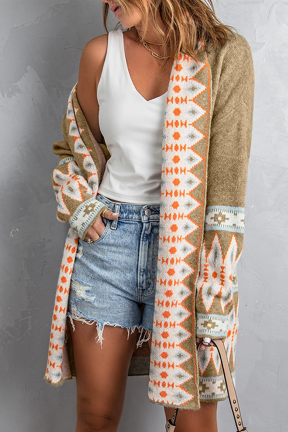 Khaki Aztec Print Open Front Knitted Cardigan