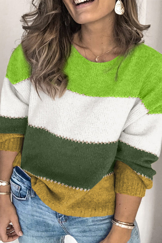 Green Plus Size Color Block Patchwork Sweater